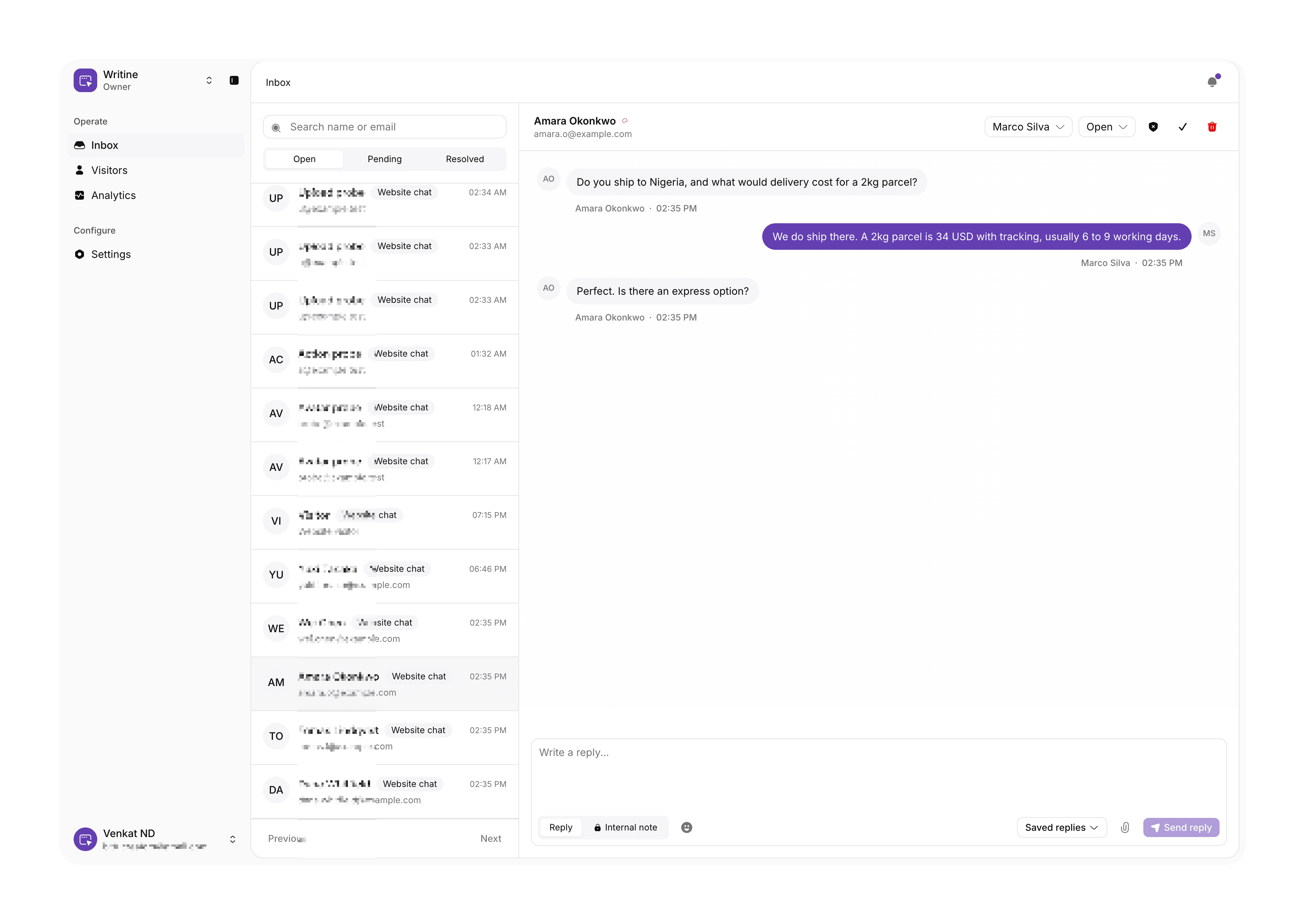 The Writine inbox, with a visitor asking about delivery to Nigeria and a member answering from the shared inbox.